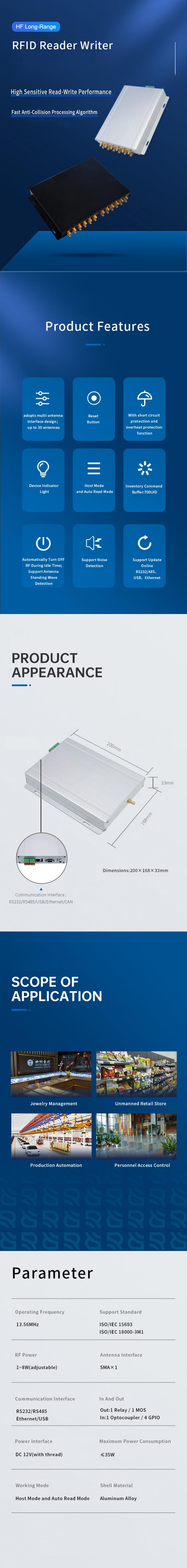 Rfpc Inventory Read Read Range 1M HF 13.56MHz Long Range One Port RFID Reader ISO15693 RFID ...